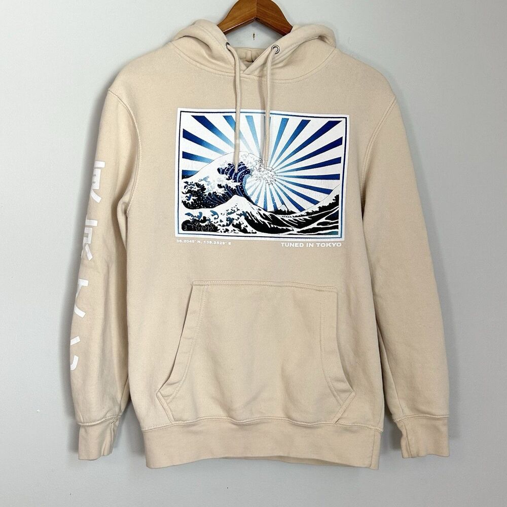Lane Seven Tokyo Wave Hoodie Beige Graphic Pullover Small Japan Art